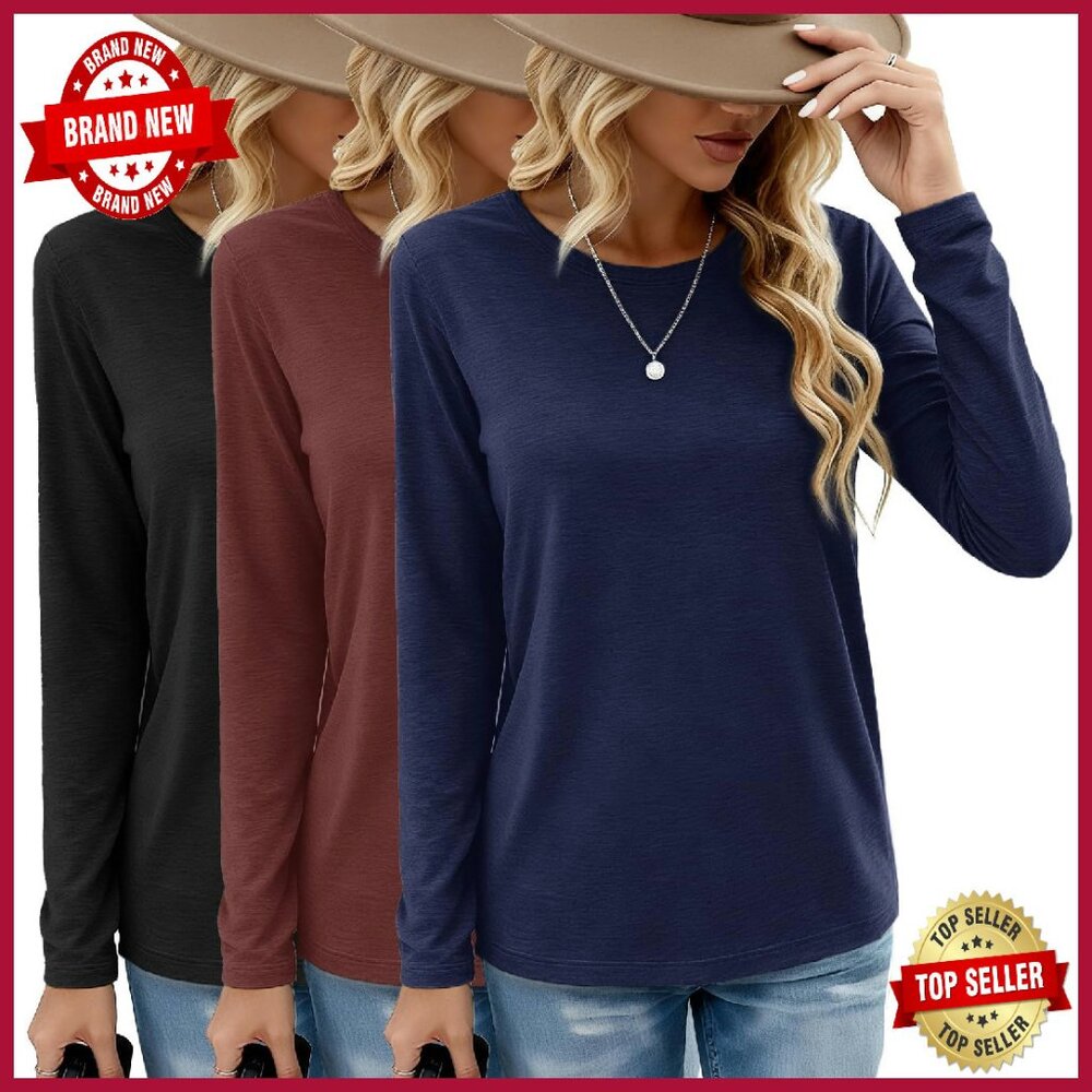 3 Pack Long Sleeve Crew Neck Tees Loose Fit Soft Lightweight Women's Tops